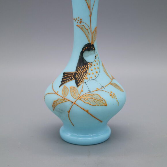 Antique Victorian Blue Bristol Glass Vase with Hand Painted Bird and Floral - Picture 2 of 9